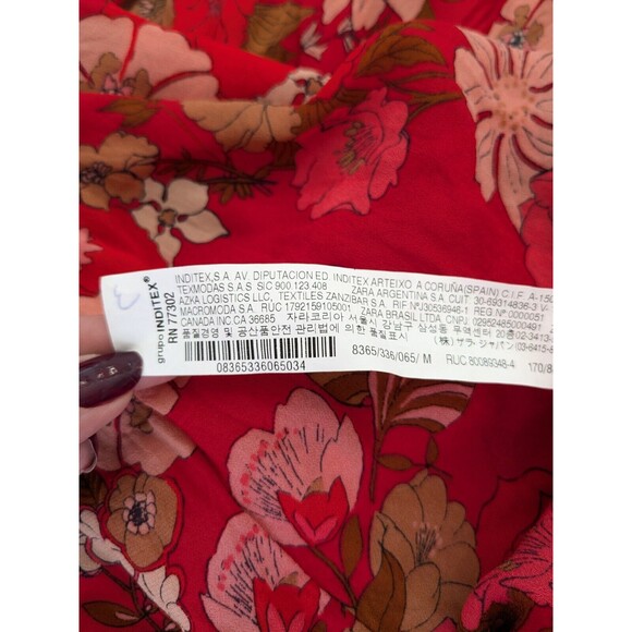 Zara Blouse Womens sz M Red Floral Print Ruffle Sheer Romantic Boho Chic Peasant - Picture 11 of 15